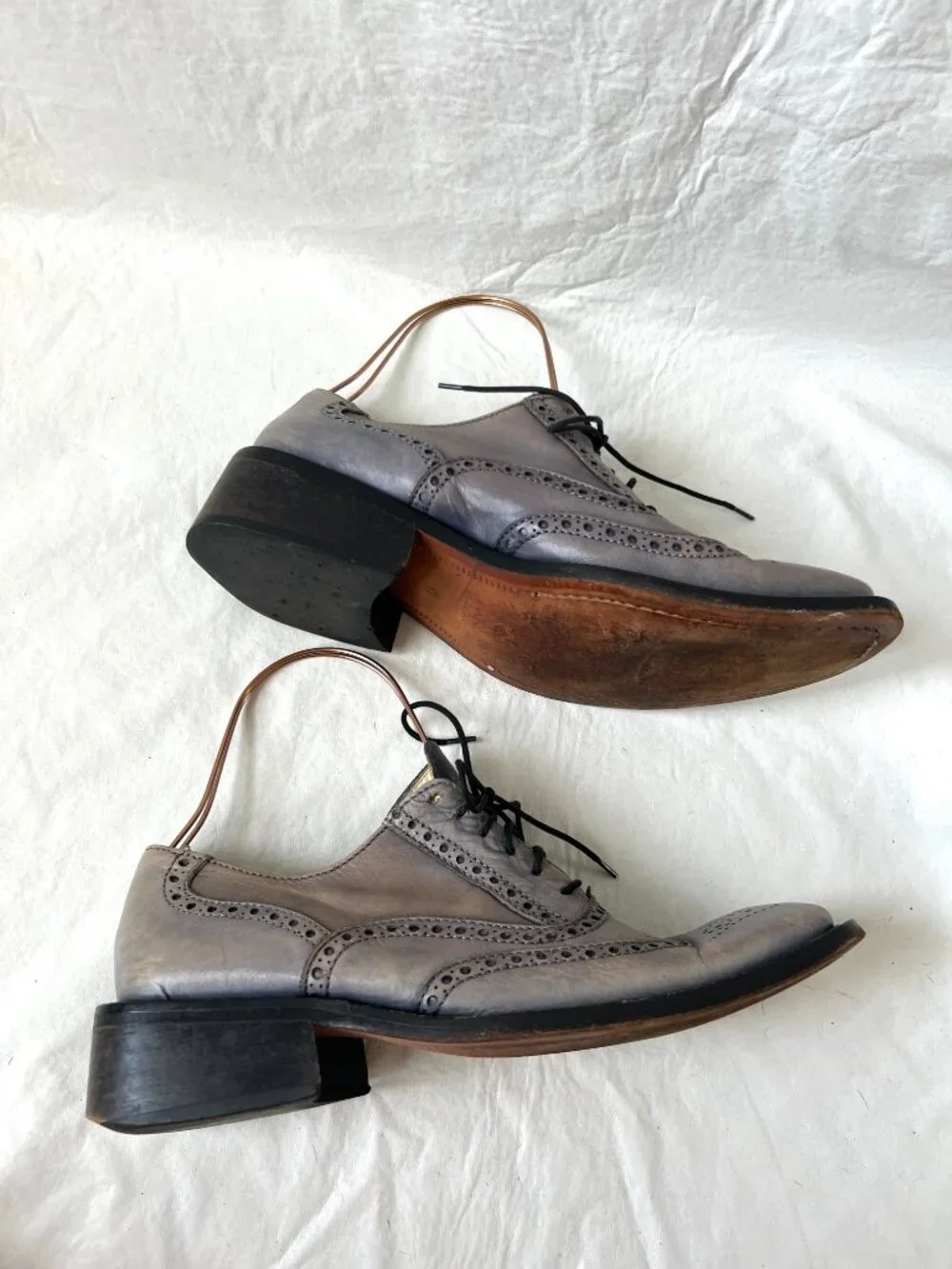 Wingtip shoes blue beige leather square toe mens EU 43 chunky brogues unique